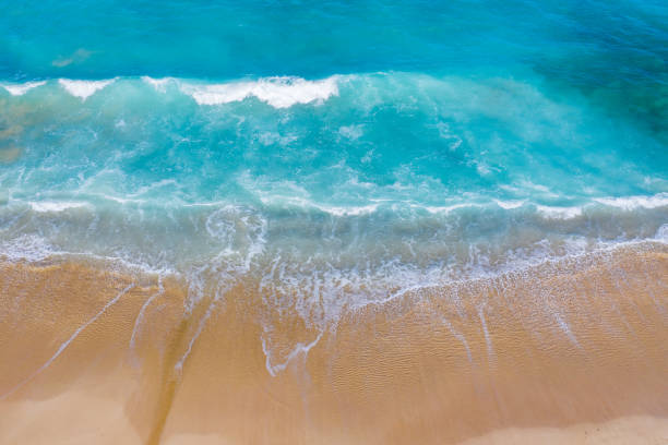 istock Beach scene from above - blue ocean waves hitting a sandy beach. 1307733620