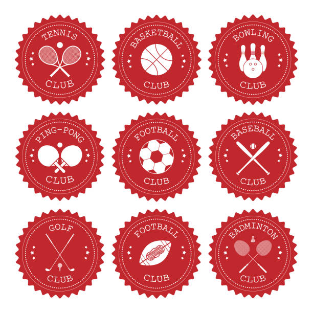 illustrations, cliparts, dessins animés et icônes de ensemble vectoriel de différent logo rond rétro plat de sport rouge - tennis club