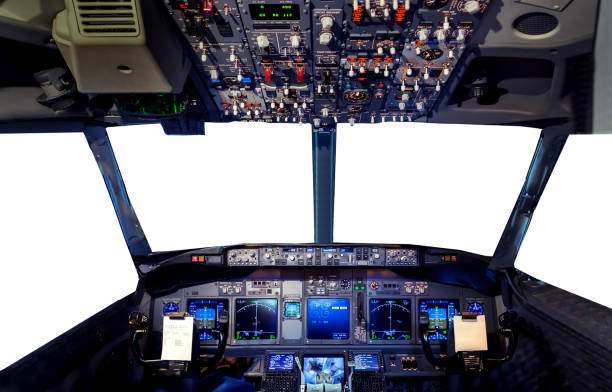 simulatore di aeromobili pilot flight deck hud - cockpit airplane autopilot dashboard foto e immagini stock