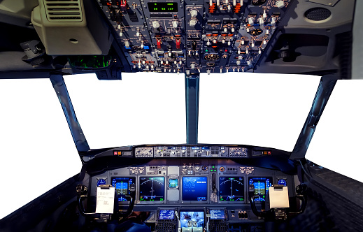 Aircraft simulator Flight Deck cockpit Hud Radar screen. Window Empty blank isolated white background with copy space and display montage for product.