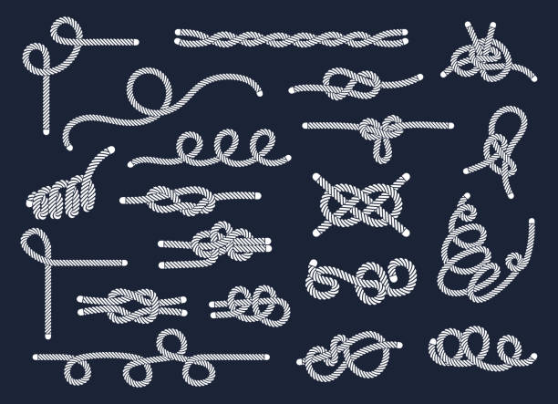 bildbanksillustrationer, clip art samt tecknat material och ikoner med havsrepsknutar och slingor set. marint rep och sjömän fartyg knut, sladd sjöman gränser, knut segel, paket rep, loopad sträng, nautiska slinga vektor illustration - repsknop