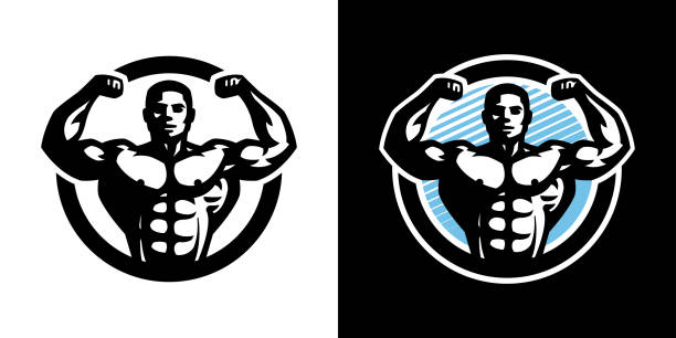 ilustrações, clipart, desenhos animados e ícones de atleta posando. musculação e logotipo fitness, em um fundo claro e escuro. ilustração vetorial. - men muscular build bicep body building