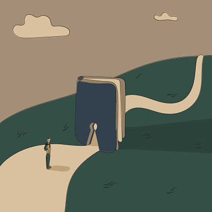 Concept:book is source of knowledge.Tiny boy stand on wide road in front keyhole entrance in book to narrower way.Volume as symbol of admission to prestigious sphere of life.Hand drawn vector