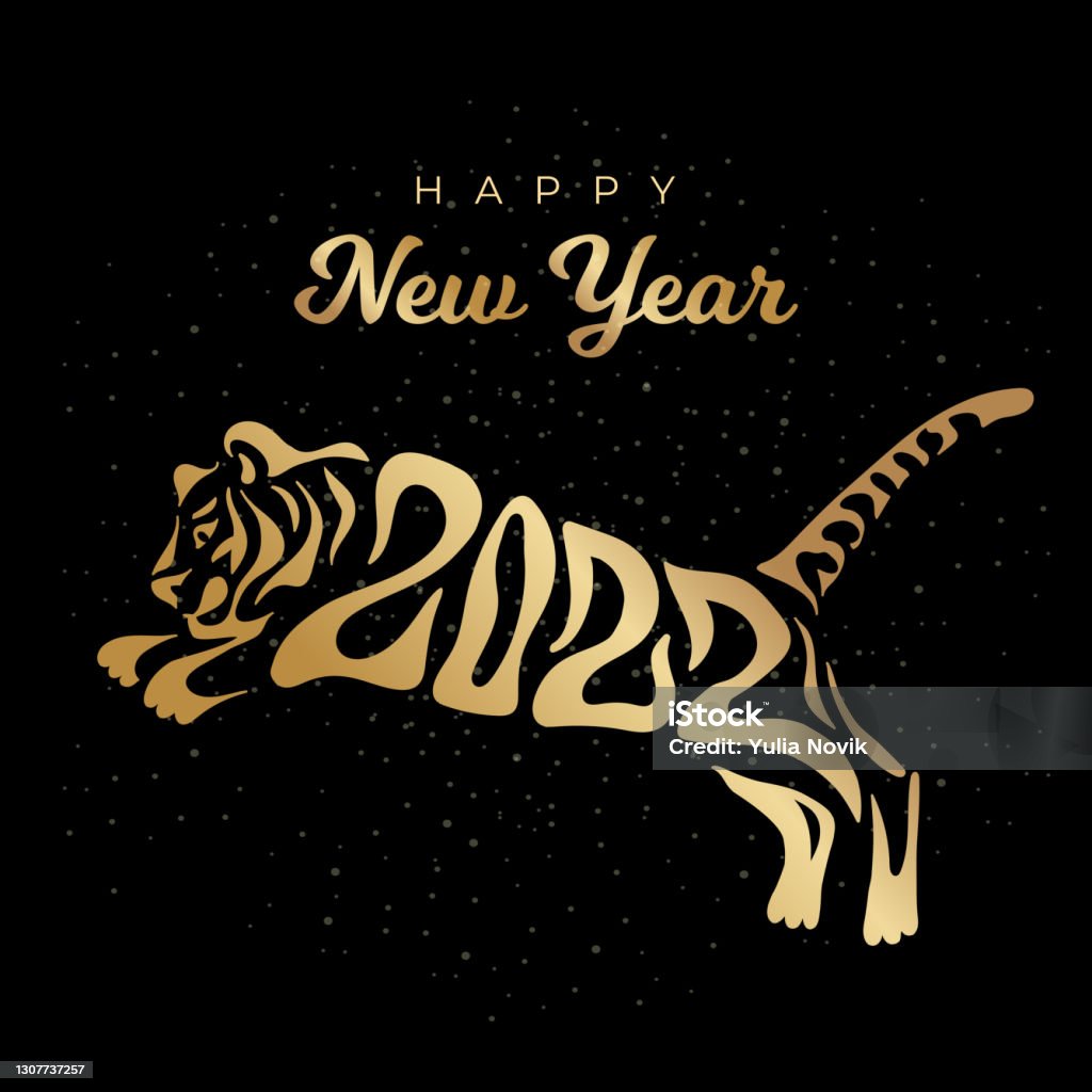 Happy New year 2022. The year of the tiger of lunar Eastern calendar. Creative tiger logo and number 2022 on a black background. Happy New Year Greeting Card. Happy New year 2022. The year of the tiger of lunar Eastern calendar. Creative tiger logo and number 2022 on a black background. Happy New Year Greeting Card Tiger stock vector