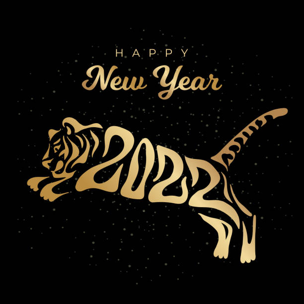 2022年新年快樂。農曆虎年。創意老虎標誌和數位 2022 在黑色背景。新年賀卡快樂。 - 月蝕 插圖 幅插畫檔、美工圖案、卡通及圖標