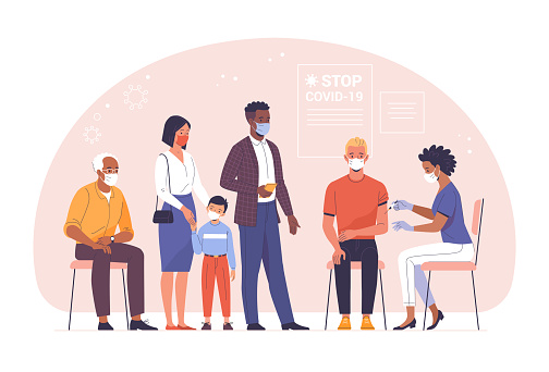 Vector illustration of a young man being vaccinated by a black doctor and people of different ages and nationalities waiting in line. Isolated on background