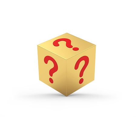 Gold cube with a question mark. 3d illustration