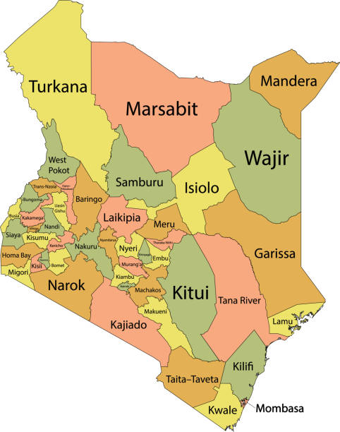 Pastel map of Kenya Pastel vector map of the Republic of Kenya with black borders and names of its counties kenya stock illustrations