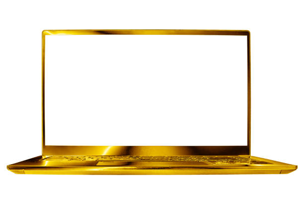 Golden laptop blank screen white background isolated close up front view, gold metal computer, open empty display, modern slim design, pc mockup, notebook template, luxury rich concept, copy space