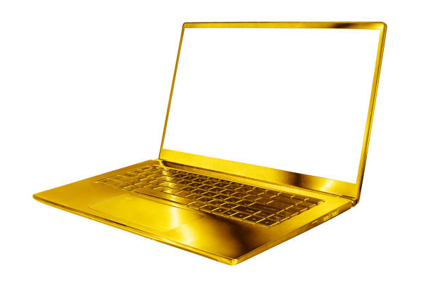 istock Golden laptop blank screen white background isolated close up side view, gold metal computer, open empty display, modern slim design, pc mockup, notebook template, luxury rich concept, copy space 1307738337