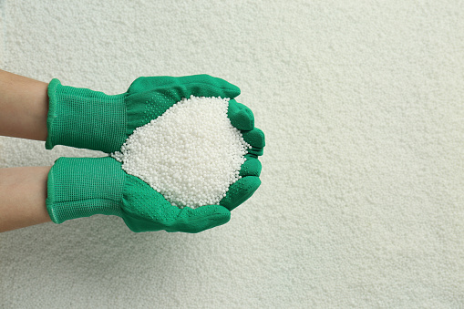 Woman holding pile of granular mineral fertilizer over grains, top view. Space for text