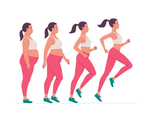 Stages of weight loss for a woman. Vector illustration of cartoon plump woman in sportswear jogging for slim fit. Isolated on white weight loss stock illustrations