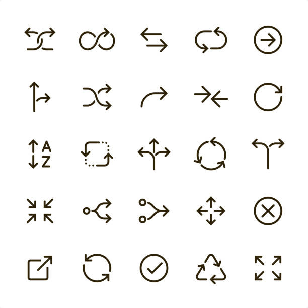 Interface Arrows - Pixel Perfect line icons Interface Arrows icons set #09
Specification: 25 icons, 36x36 pх, Perfect fit to 48x48 or 64x64 container, stroke weight 2 px.
Features: Pixel Perfect, Unicolor, Single line.

First row of  icons contains:
Crossing Arrows, Infinity Arrow, Arrow to left and right, Refresh arrows, Arrow (Directional Sign);

Second row contains: 
Road Sign, Shuffling Arrows, The Way Forward Arrow, Two arrows opposition, Reload Arrow;

Third row contains: 
Alphabetical Order, Repetition, Three Way Direction Arrow, Traffic Circle Arrows, Two way Direction arrow; 

Fourth row contains: 
Zoom In, Separating Arrows, Merging Arrows, Navigation Arrows, Delete key;

Fifth row contains: 
Sharing icon, Restoring, Check Mark, Recycling, Zoom Out.

Look at complete Lovico collection — https://www.istockphoto.com/collaboration/boards/lMC2_wNPxEicskAakpAbgA coordination stock illustrations