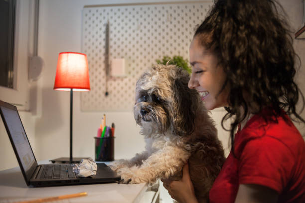 istock Student girl with her dog at home 1307741140