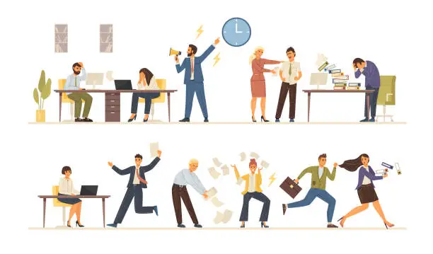 Vector illustration of Working overtime at Deadline. Running in panic, scatter papers in anger. Office workers hurry up with job, stress and depression in staff. Angry boss shout at employees who fail to meet deadline