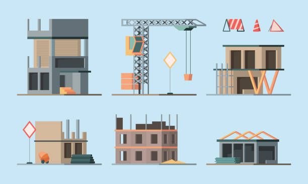 Construction stages. Building houses foundation workers making brick walls little houses and big skyscraper garish vector flat ortogonal colored illustrations collection Construction stages. Building houses foundation workers making brick walls houses and big skyscraper garish vector ortogonal colored illustrations. Construction house building, process project stage ortogonal stock illustrations