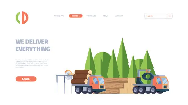 Vector illustration of Wooden production. Business landing web page with forestry industry production pictures of lumber sawmill timbers garish vector template