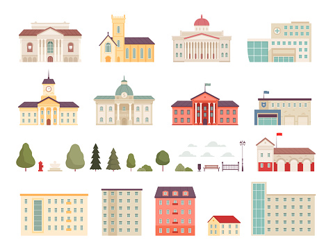 Urban municipal houses. Buildings in city infrastructure office police and fire station bank supermarkets hospital vector modern houses. City architecture building, public cityscape illustration