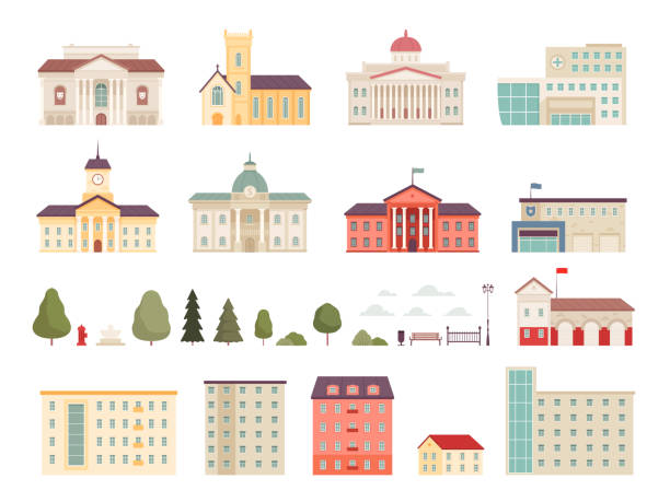 Urban municipal houses. Different buildings in city infrastructure office police and fire station bank supermarkets hospital campus nowaday vector modern houses Urban municipal houses. Buildings in city infrastructure office police and fire station bank supermarkets hospital vector modern houses. City architecture building, public cityscape illustration church clipart stock illustrations