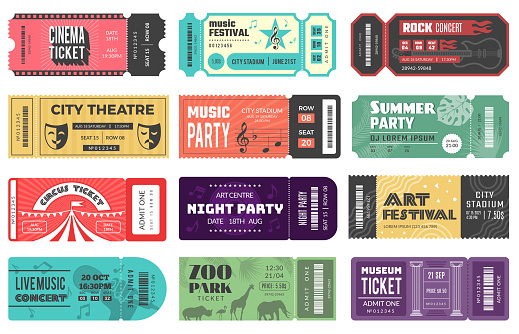 Entertainment tickets. Event cardboard labels cinema theatre kids playground music festival recent vector design tickets set isolated. Illustration cardboard event ticket, entertainment coupon