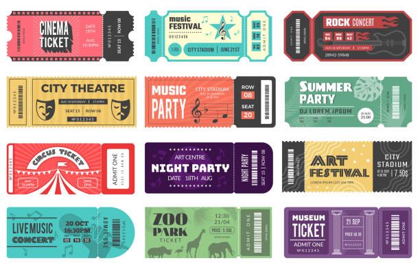 Entertainment tickets. Event cardboard labels cinema theatre kids playground music festival recent vector design tickets set isolated Entertainment tickets. Event cardboard labels cinema theatre kids playground music festival recent vector design tickets set isolated. Illustration cardboard event ticket, entertainment coupon ticket stock illustrations