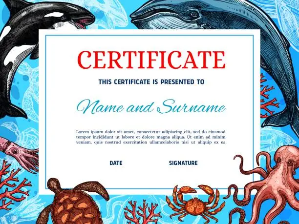 Vector illustration of Certificate diploma award template, fishes and sea