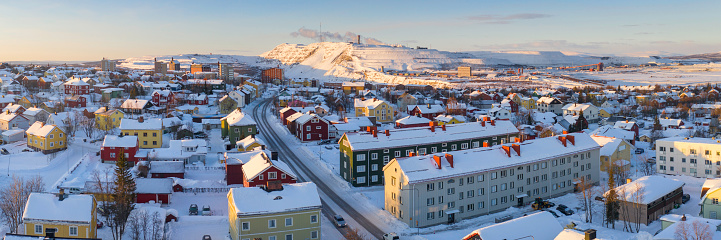 Kiruna, the northernmost town in Sweden, north of the Arctic circle. In the background is the mining operation in the city.