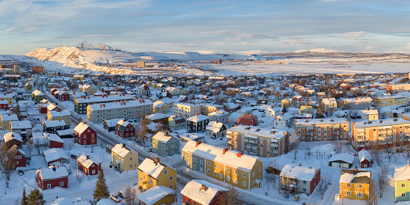 The town of Kiruna in Lapland, Sweden, north of the Arctic circle. In the background is the mining operation of the city.