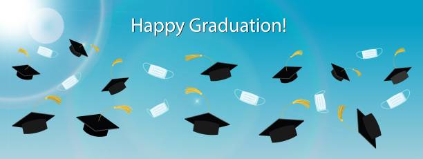istock Happy graduation Class banner with flying graduation hats and medical masks, vector. Covid 19 pandemic and social distancing year 1307744053