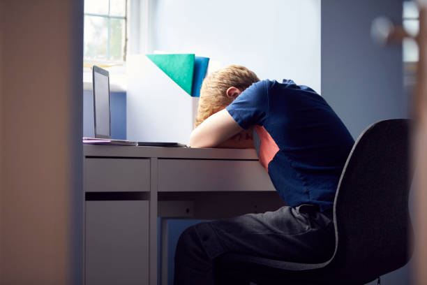 Stressed Boy Sitting With Head On Desk Home-Schooling With Laptop During Health Pandemic Stressed Boy Sitting With Head On Desk Home-Schooling With Laptop During Health Pandemic boring homework twelve stock pictures, royalty-free photos & images