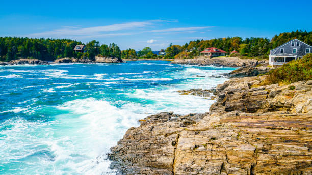 Beautiful view of the rocky coastline of Bailey Island, Maine