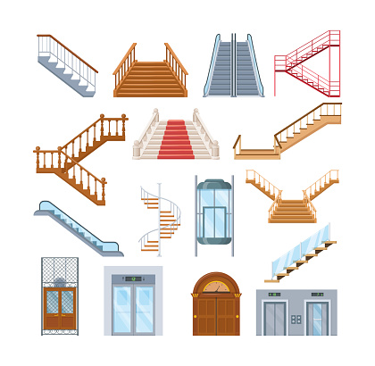 Wooden, metal staircase with handrails. Wooden staircases covered with red carpet, spiral staircase, store escalator, floor to floor ladder. House office interior with lift mechanisms cartoon vector