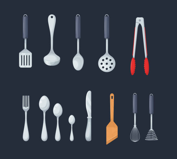 House cookware utensils for cooking. Set of kitchen knives, cutlery forks, spoons, set of ladles, potholders, tongs, spatulas, whisks and brushes for baking cartoon House cookware utensils for cooking. Set of kitchen knives, cutlery forks, spoons, set of ladles, potholders, tongs, spatulas, whisks and brushes for baking cartoon vector serving tongs stock illustrations