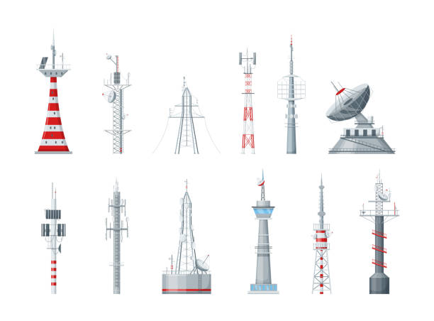 zestaw wież komunikacyjnych. maszty bezprzewodowe radiowe i wieże telekomunikacyjne, antena radiowa. antena satelitarna komunikacji, bezprzewodowa transmisja telewizyjna izolowana - radar station stock illustrations