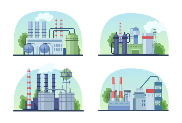 ilustraciones, imágenes clip art, dibujos animados e iconos de stock de conjunto industrial de fábricas. edificios industriales con tuberías, central eléctrica, fabricación, centrales nucleares térmicas. plantas de construcción industrial con contaminación por humo de tubería el medio ambiente - nuclear power station