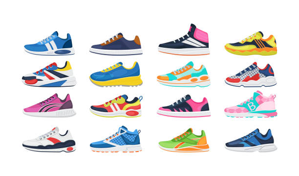 illustrazioni stock, clip art, cartoni animati e icone di tendenza di set scarpe da ginnastica fitness. scarpe comode per allenarsi, correre e camminare. scarpe sportive di varie forme, calzature da allenamento, sneakers sportive attive vettore cartoon - scarpe da ginnastica