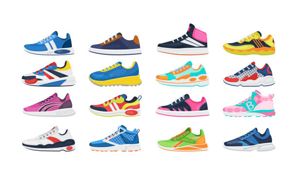 Fitness sneakers shoes set. Comfortable shoes for training, running and walking. Sports shoes of various shapes, training footwear, active sport sneakers cartoon vector Fitness sneakers shoes set. Comfortable shoes for training, running and walking. Sports shoes of various shapes, training footwear, active sport sneakers cartoon vector illustration sneakers stock illustrations