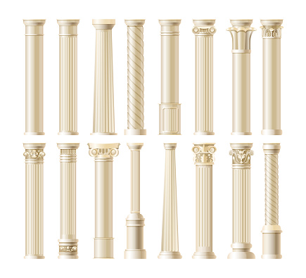 Realistic antique pillars set. Antique column, classic pillar. Ancient ornate pillars historic roman greek architecture facades of historic buildings isolated vector