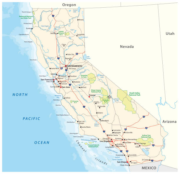 ilustraciones, imágenes clip art, dibujos animados e iconos de stock de carreteras y el mapa vectorial de parques nacionales del estado estadounidense de california - california