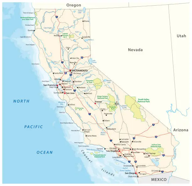 Vector illustration of roads and national park vector map of the US state of California
