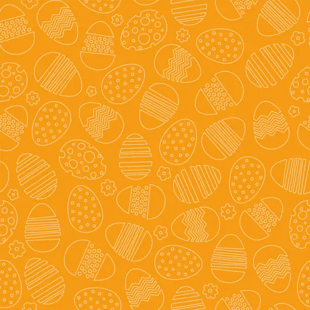 Vector illustration of Seamless pattern with Easter eggs and flowers on orange background.