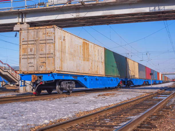 długi pociąg towarowy idler flatcars załadowany intermodalnych kontenerów 40-fts na stacji rozrządowej kolei transsyberyjskiej. - idler zdjęcia i obrazy z banku zdjęć