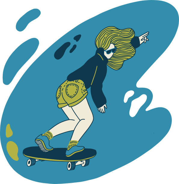 istock Girl skateboarder balances, rides at high speed 1307754203