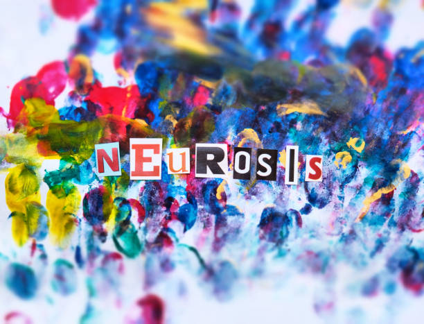 Word writing text Neurosis from cut letters on abstract strokes bright colorful  background. Headline , card of psychology . Psychologic concept.