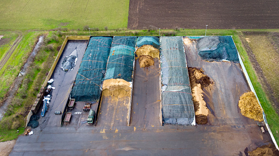 Biogas plant and agricultural area - aerial view