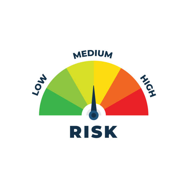 ilustrações, clipart, desenhos animados e ícones de ícone de risco no velocímetro. medidor de risco médio. isolado em fundo branco. - managed funds