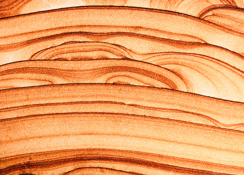 Ancient swirling patterns created in a cross section of orange colored sedimentary rock.