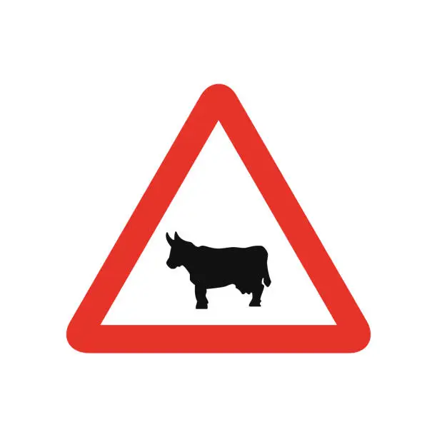 Vector illustration of Triangular traffic signal in white and red, isolated on white background. Warning of cattle crossing