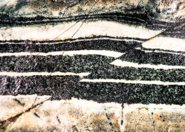 Layered rock macro A close-up showing patterns and lines formed in the structure of a rock. Macro image. fault geology stock pictures, royalty-free photos & images