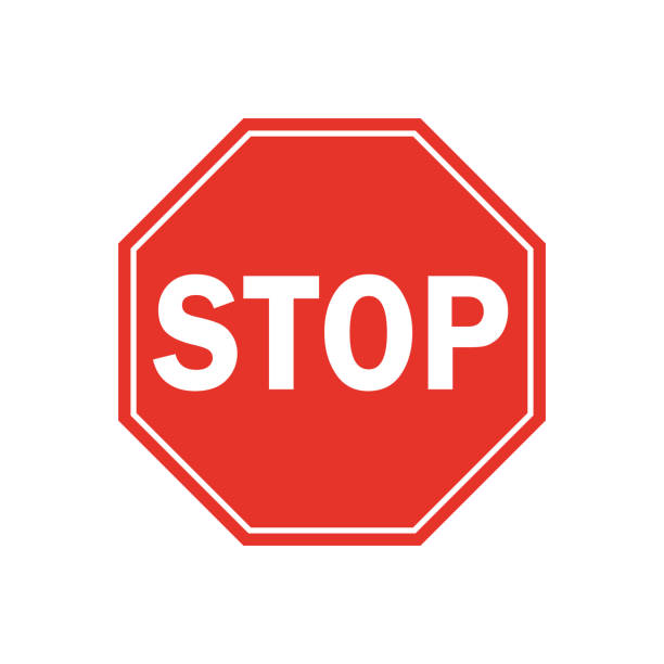 achteckige verkehrssignal in rot mit text auf weißem, isoliert auf weißem hintergrund. obligatorischer stopp. text in englischer sprache - stoppschild stock-grafiken, -clipart, -cartoons und -symbole